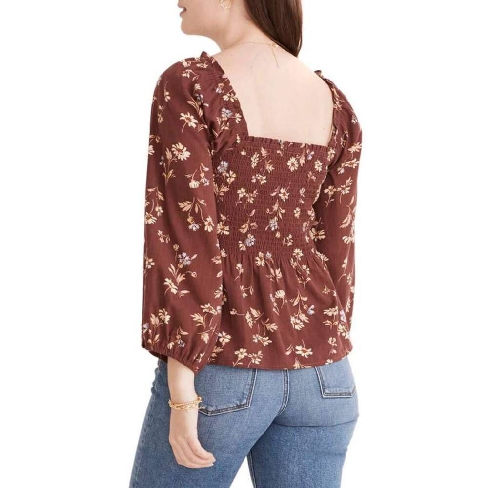 Madewell Blouse Top Womens 14 Brown Floral Long Sleeve Square Neck Casual Wear - Picture 2 of 10